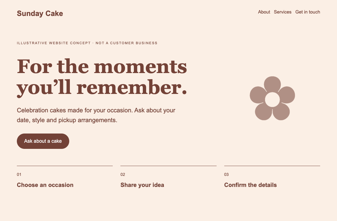 Illustrative cake website layout with an occasion-focused headline and inquiry action