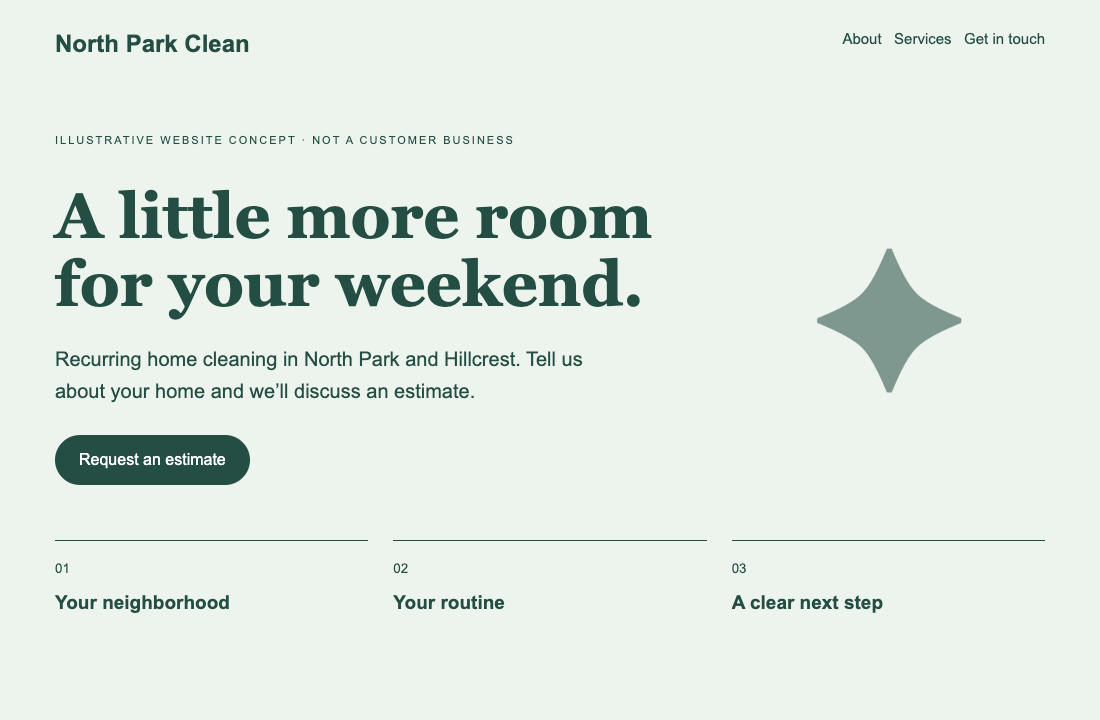 Illustrative cleaning website layout with a service area and request-an-estimate action